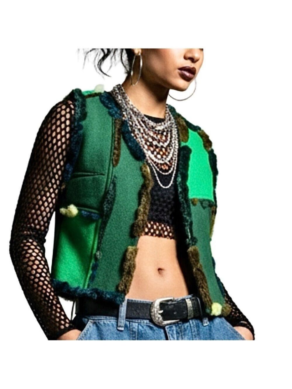 Staying Alive recycled fibres green faux fur patchwork open front cropped vest